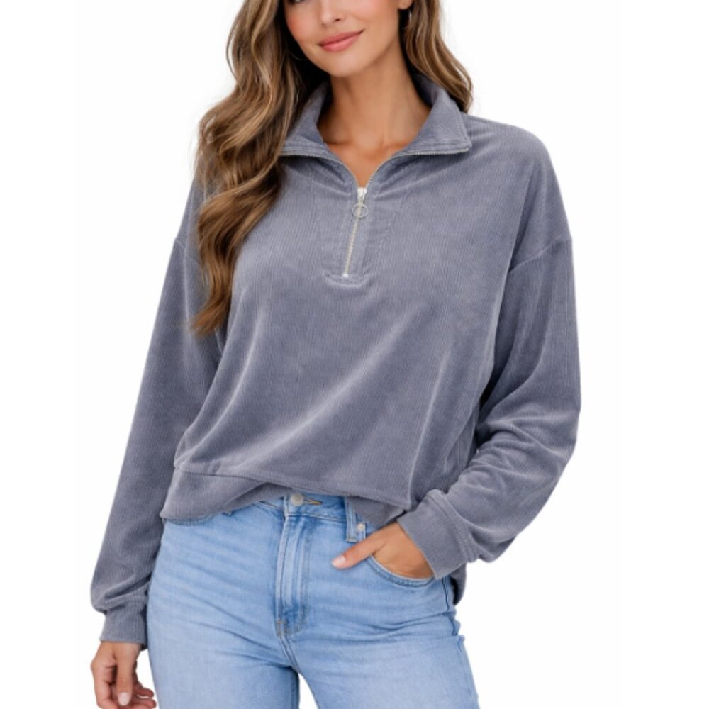 Angels Forever Young Women's Gray Ribbed Quarter Zip Pullover Sweatshirt Size S